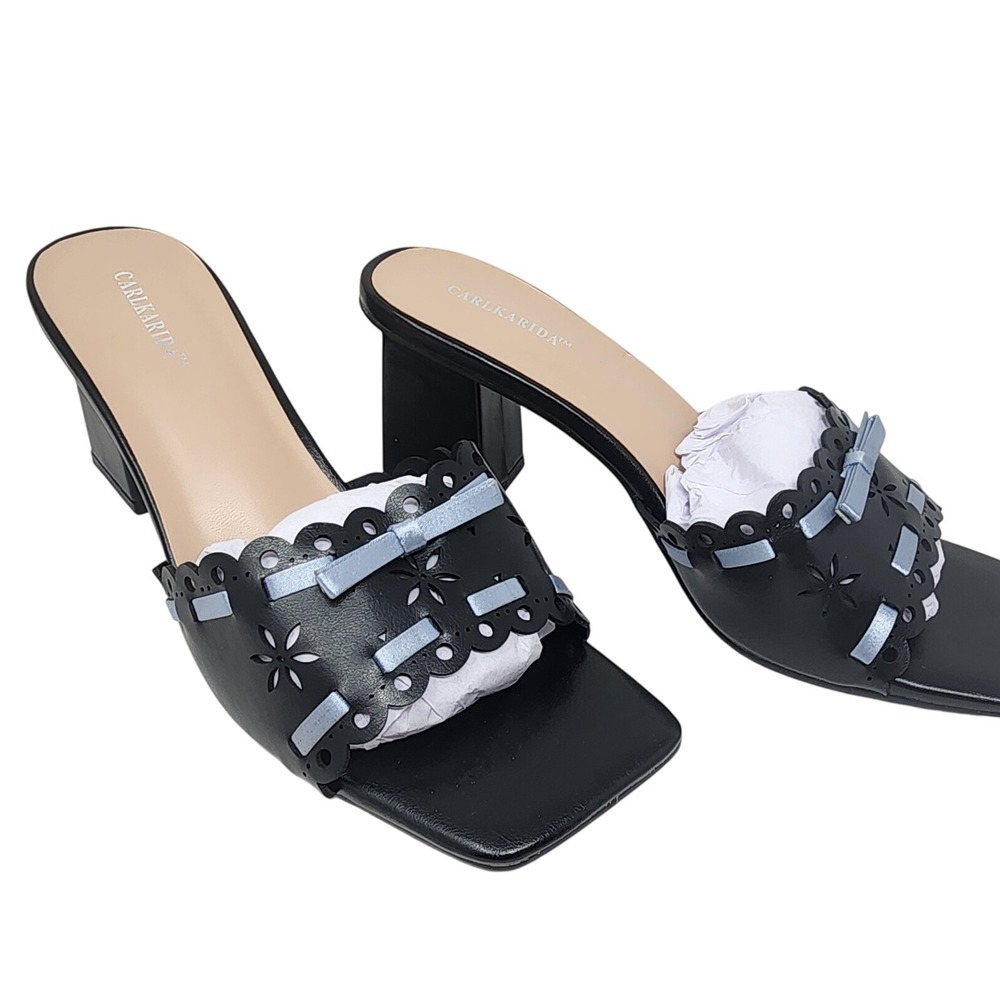 Carl Karida Black Heels Slides Square Toe Bow Accent Cutout‎ Detail Size 10